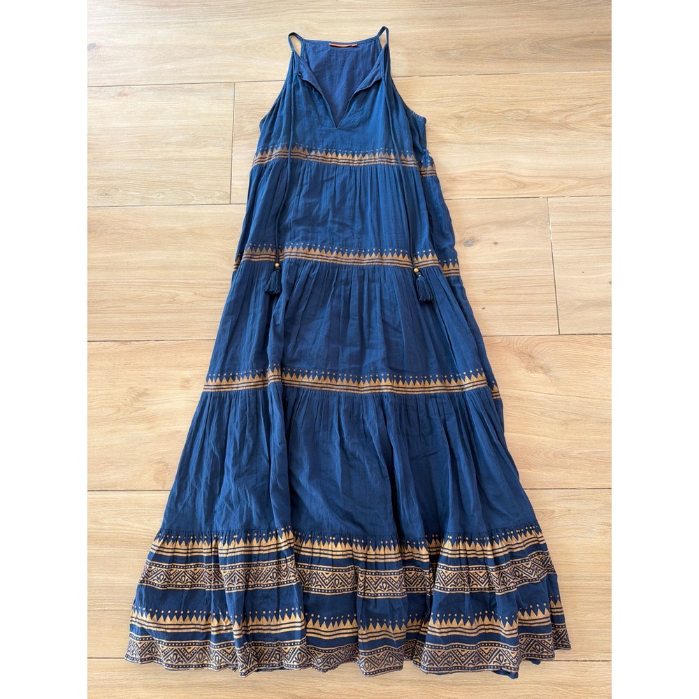 Oliphant Blue Gold Block Print Tiered Cotton Maxi Dress Womens Medium Boho‎